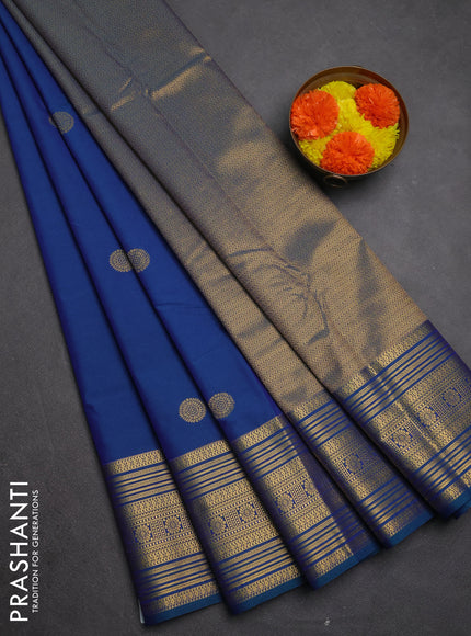 Semi kanchipuram silk saree blue with zari woven buttas and long zari woven border