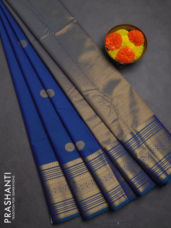 Semi kanchipuram silk saree blue with zari woven buttas and long zari woven border