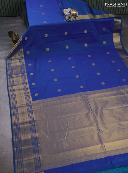 Semi kanchipuram silk saree blue with zari woven buttas and long zari woven border