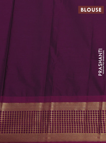 Semi kanchipuram silk saree teal green and magenta pink with zari woven buttas and temple design zari woven border