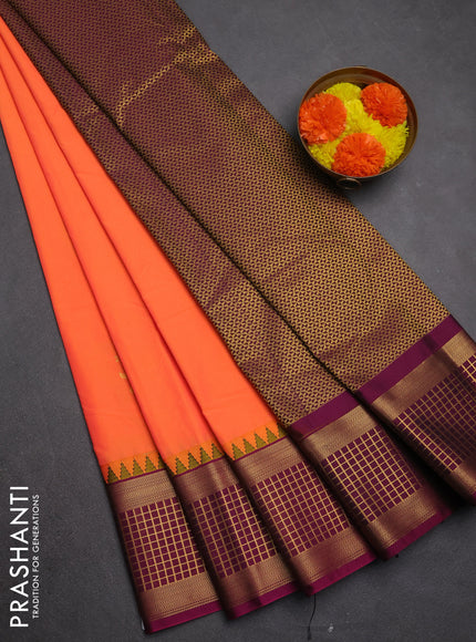 Semi kanchipuram silk saree peach orange and magenta pink with zari woven buttas and temple design zari woven border
