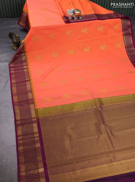 Semi kanchipuram silk saree peach orange and magenta pink with zari woven buttas and temple design zari woven border