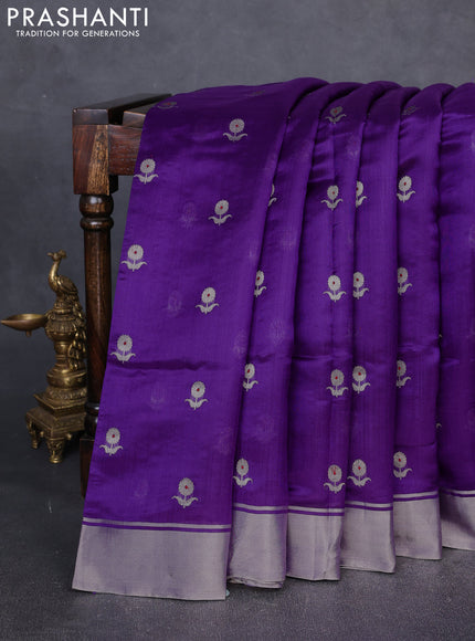 Pure chanderi silk saree violet with allover floral buttas and silver zari woven border