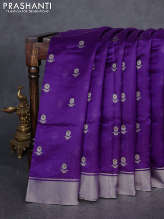 Pure chanderi silk saree violet with allover floral buttas and silver zari woven border