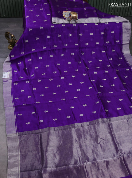 Pure chanderi silk saree violet with allover floral buttas and silver zari woven border