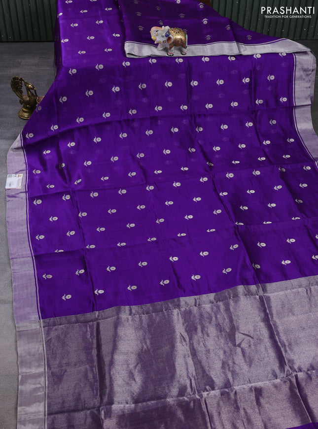 Pure chanderi silk saree violet with allover floral buttas and silver zari woven border