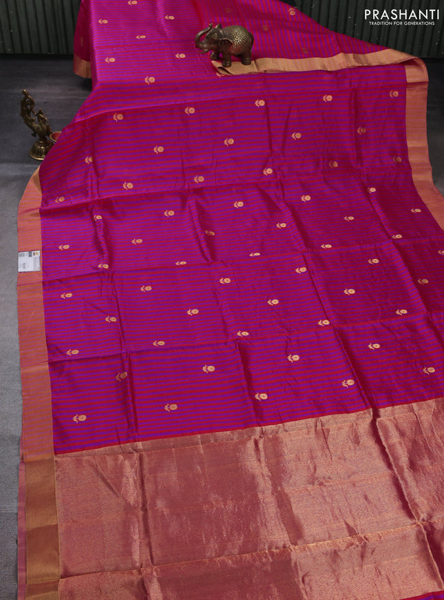 Pure chanderi silk saree pink red with allover stripes & buttas and zari woven border