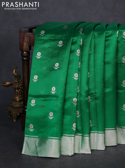Pure chanderi silk saree green with allover floral buttas and silver zari woven border