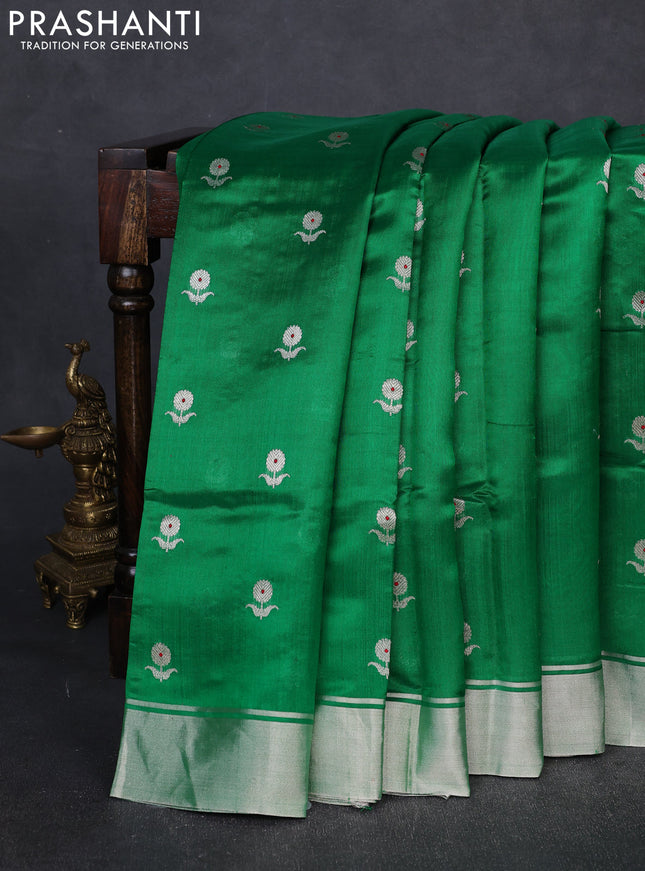 Pure chanderi silk saree green with allover floral buttas and silver zari woven border