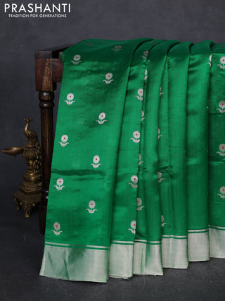 Pure chanderi silk saree green with allover floral buttas and silver zari woven border