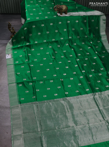 Pure chanderi silk saree green with allover floral buttas and silver zari woven border