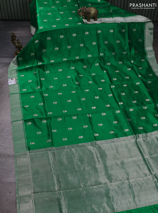 Pure chanderi silk saree green with allover floral buttas and silver zari woven border