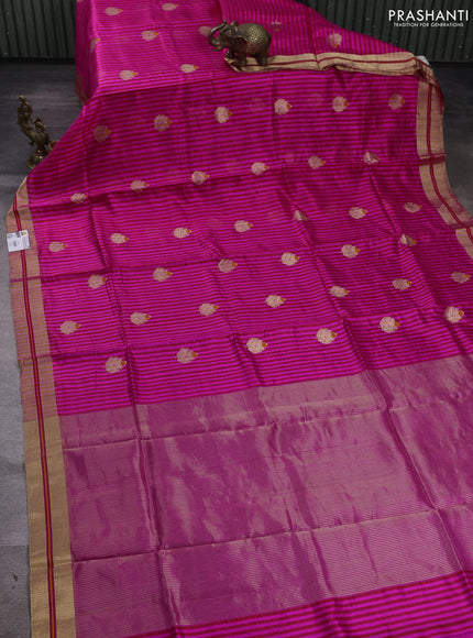 Pure chanderi silk saree pink with allover stripes & buttas and zari woven border