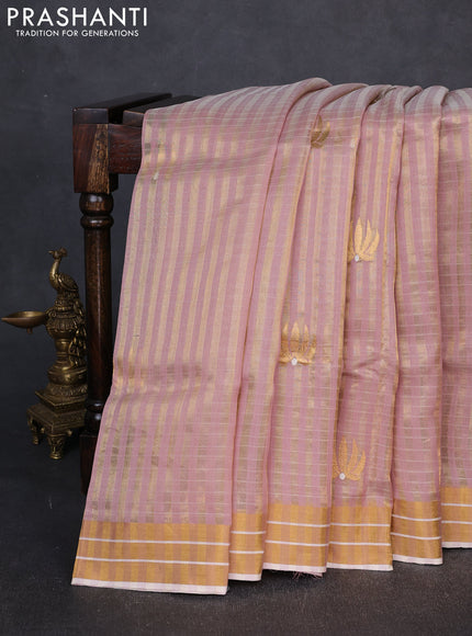 Pure chanderi silk saree pastel pink with allover stripes pattern and zari woven border