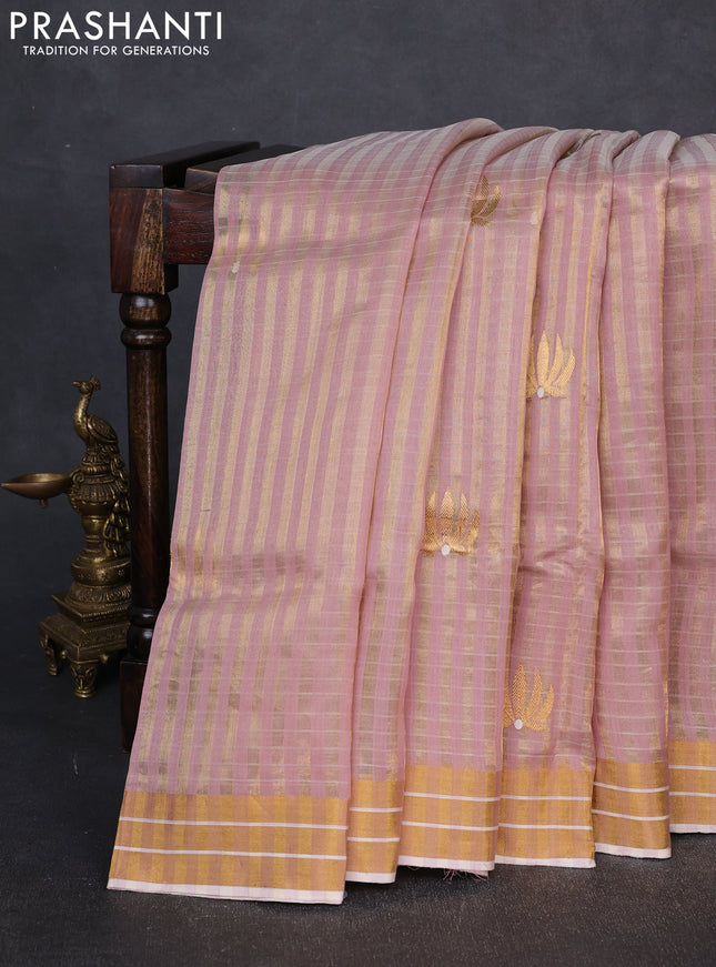 Pure chanderi silk saree pastel pink with allover stripes pattern and zari woven border