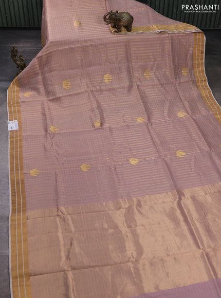 Pure chanderi silk saree pastel pink with allover stripes pattern and zari woven border