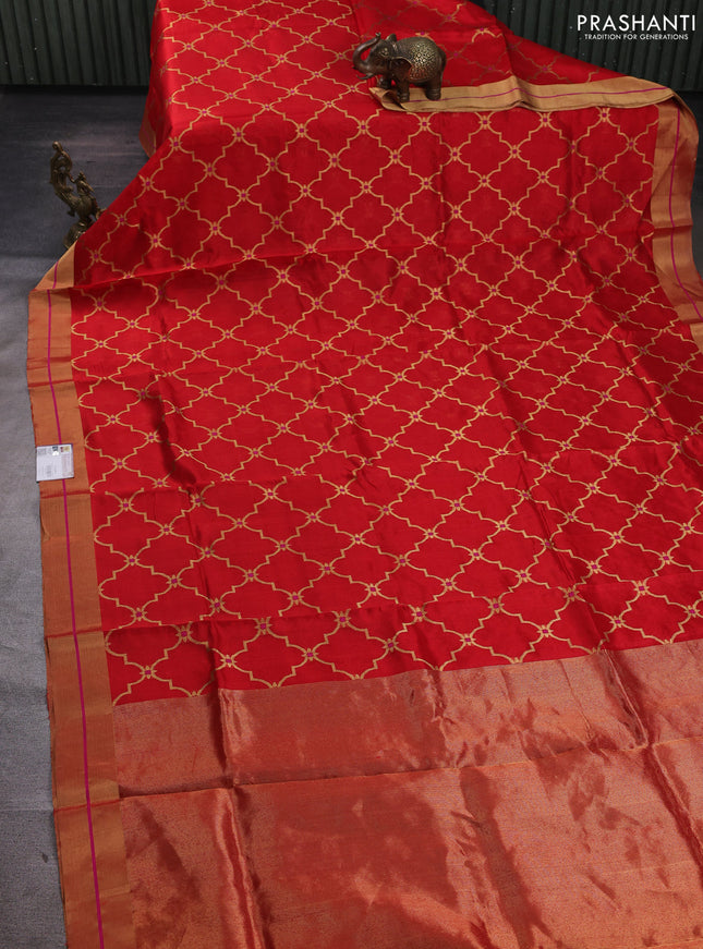 Pure chanderi silk saree red with allover zari weaves and zari woven border