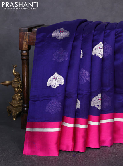 Pure chanderi silk saree blue and pink with silver zari woven buttas and silver zari woven simple border