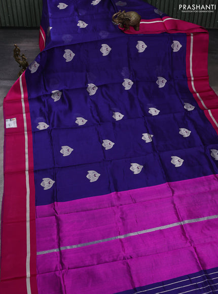 Pure chanderi silk saree blue and pink with silver zari woven buttas and silver zari woven simple border