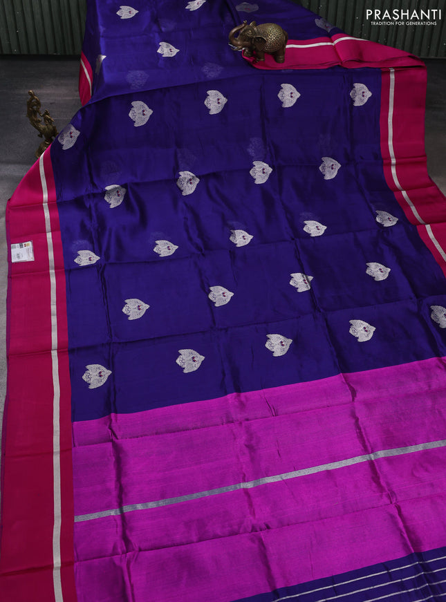 Pure chanderi silk saree blue and pink with silver zari woven buttas and silver zari woven simple border