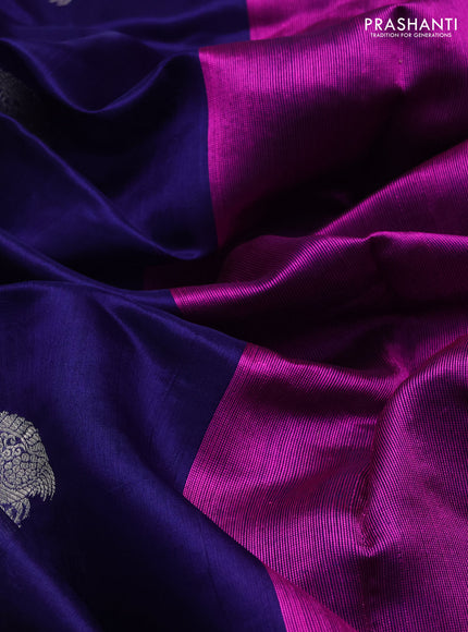 Pure chanderi silk saree blue and pink with silver zari woven buttas and silver zari woven simple border