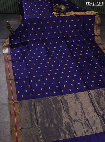 Pure chanderi silk saree blue with allover floral buttas and zari woven border
