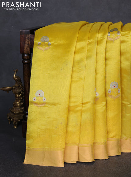 Pure chanderi silk saree yellow with allover floral buttas and zari woven border