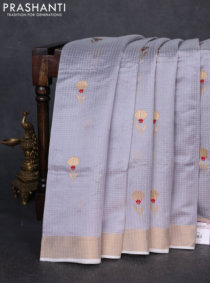 Pure chanderi silk saree grey with allover checks & buttas and zari woven border
