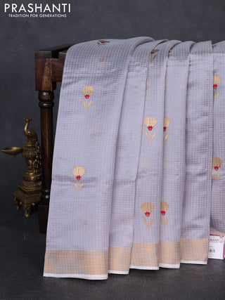 Pure chanderi silk saree grey with allover checks & buttas and zari woven border