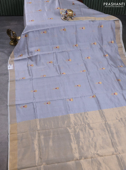 Pure chanderi silk saree grey with allover checks & buttas and zari woven border