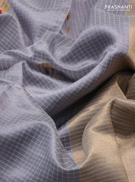 Pure chanderi silk saree grey with allover checks & buttas and zari woven border