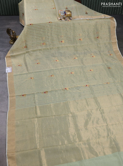 Pure chanderi silk saree pista green with allover stripes & buttas and zari woven border