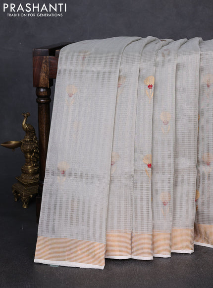 Pure chanderi silk saree mild grey with allover stripes & buttas and zari woven border