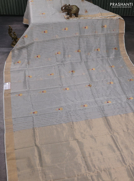 Pure chanderi silk saree mild grey with allover stripes & buttas and zari woven border