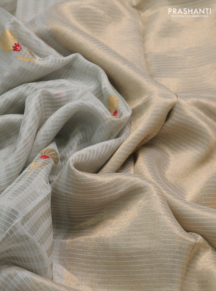 Pure chanderi silk saree mild grey with allover stripes & buttas and zari woven border