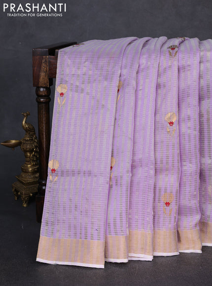 Pure chanderi silk saree lavender with allover stripes & buttas and zari woven border