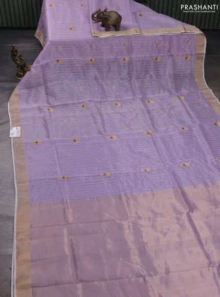 Pure chanderi silk saree lavender with allover stripes & buttas and zari woven border