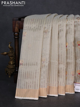 Pure chanderi silk saree beige with allover checks & buttas and zari woven border