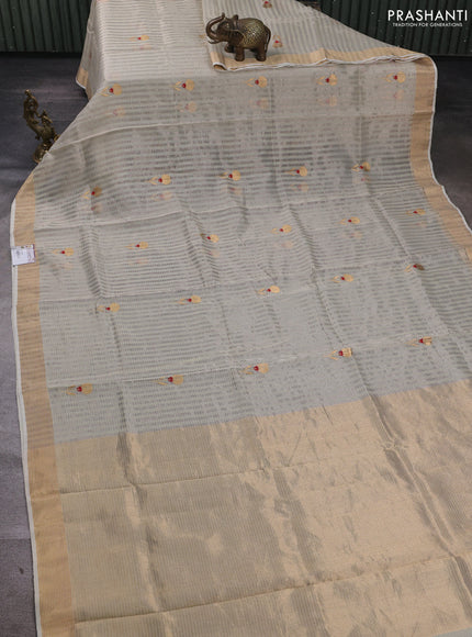 Pure chanderi silk saree beige with allover checks & buttas and zari woven border