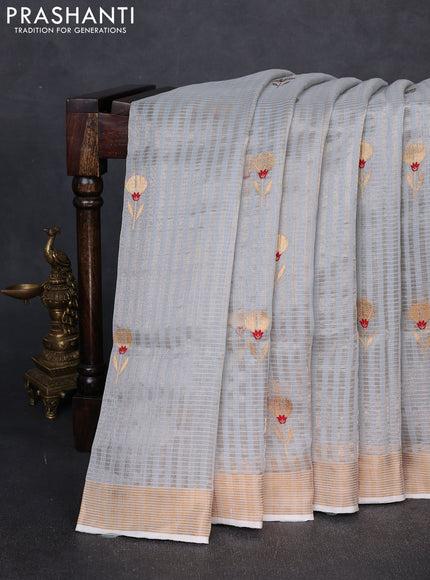 Pure chanderi silk saree pastel blue with allover stripes & buttas and zari woven border