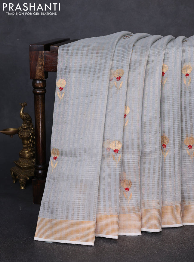 Pure chanderi silk saree pastel blue with allover stripes & buttas and zari woven border