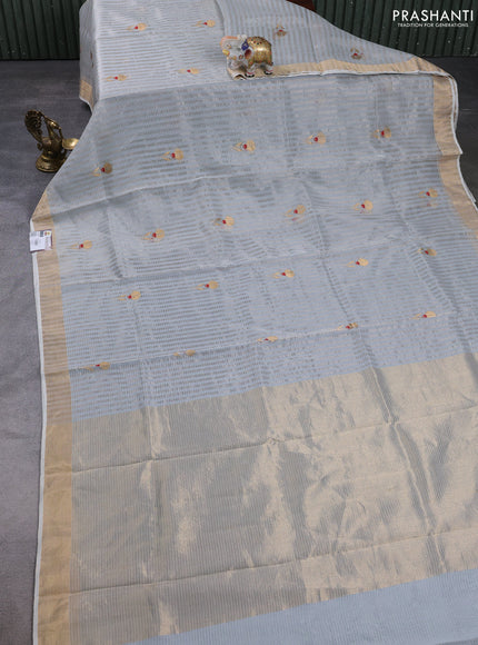 Pure chanderi silk saree pastel blue with allover stripes & buttas and zari woven border
