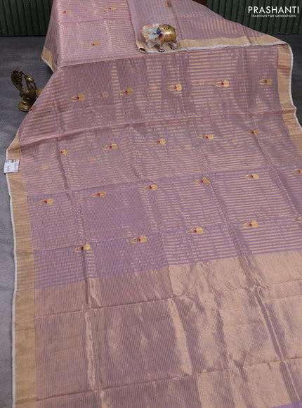 Pure chanderi silk saree pastel lavender with allover checked pattern & buttas and zari woven border
