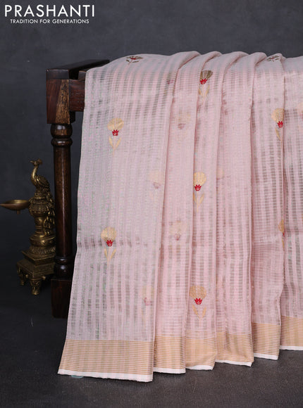 Pure chanderi silk saree peach shade with allover stripes & buttas and zari woven border