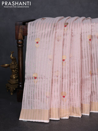 Pure chanderi silk saree peach shade with allover stripes & buttas and zari woven border