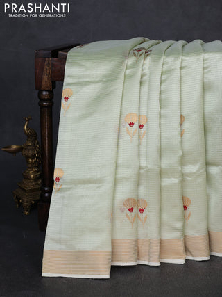 Pure chanderi silk saree pista green with allover floral buttas and zari woven border