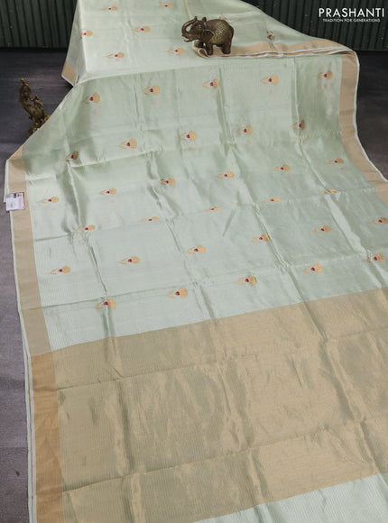 Pure chanderi silk saree pista green with allover floral buttas and zari woven border