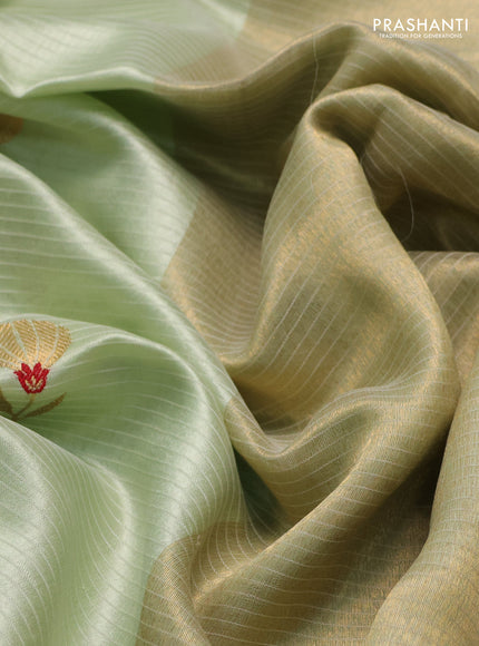 Pure chanderi silk saree pista green with allover floral buttas and zari woven border