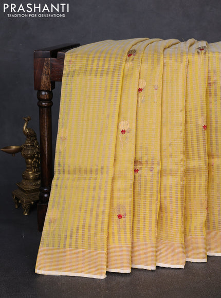 Pure chanderi silk saree mustard yellow with allover stripes & buttas and zari woven border