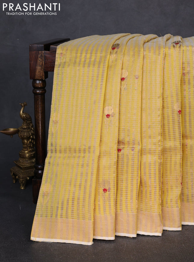 Pure chanderi silk saree mustard yellow with allover stripes & buttas and zari woven border